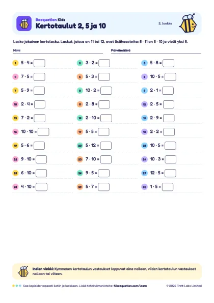 Esikatselu tehtävämonisteesta ”Kertotaulut 2, 5 ja 10”